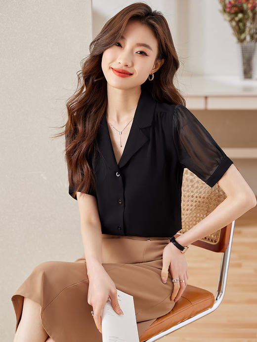 时尚泡泡袖职业通勤衬衫高腰A字半身裙两件套装 商品图7