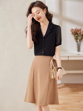 时尚泡泡袖职业通勤衬衫高腰A字半身裙两件套装