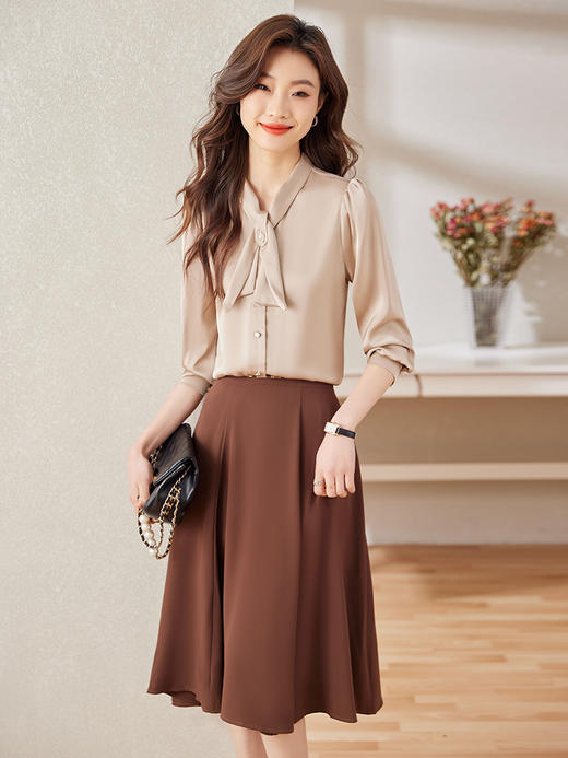 蝴蝶结飘带职业通勤衬衫高腰A字半身裙两件套装 商品图3