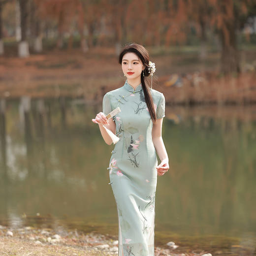 ZAYS-5169春装长款双层印花短袖年轻少女旗袍日常修身时尚改良旗袍 商品图0