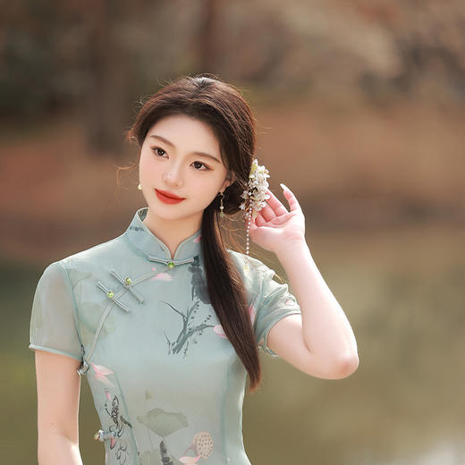 ZAYS-5169春装长款双层印花短袖年轻少女旗袍日常修身时尚改良旗袍 商品图2