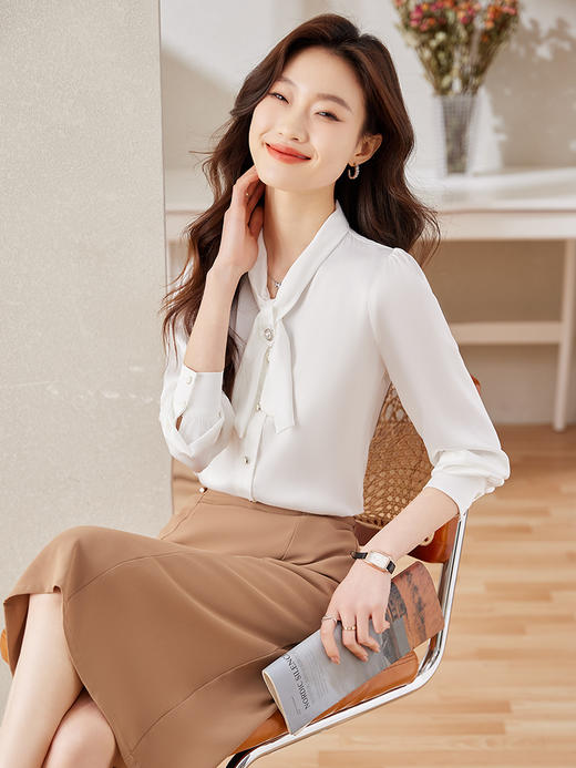 蝴蝶结飘带职业通勤衬衫高腰A字半身裙两件套装 商品图6