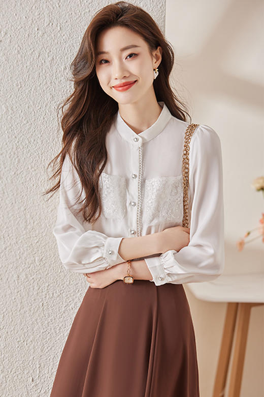 新款蕾丝口袋衬衫简约A型半身裙职场两件套装女 商品图1