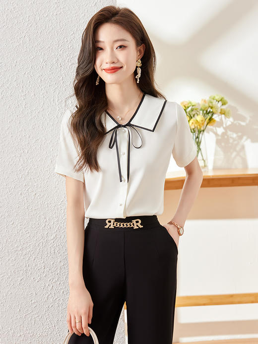 夏季新款系带领衬衫职场百搭时尚显瘦衬衣上衣女 商品图1