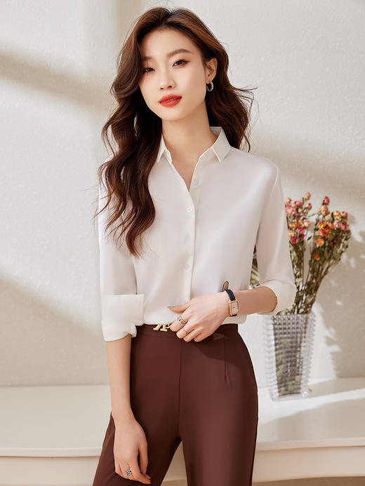 职业通勤醋酸缎面衬衫高腰A字半身裙子休闲裤套装女 商品图4