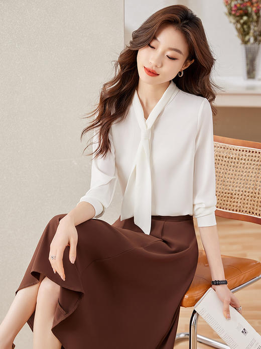 长袖飘带领结职业衬衫高腰A字半身裙子两件套装 商品图6