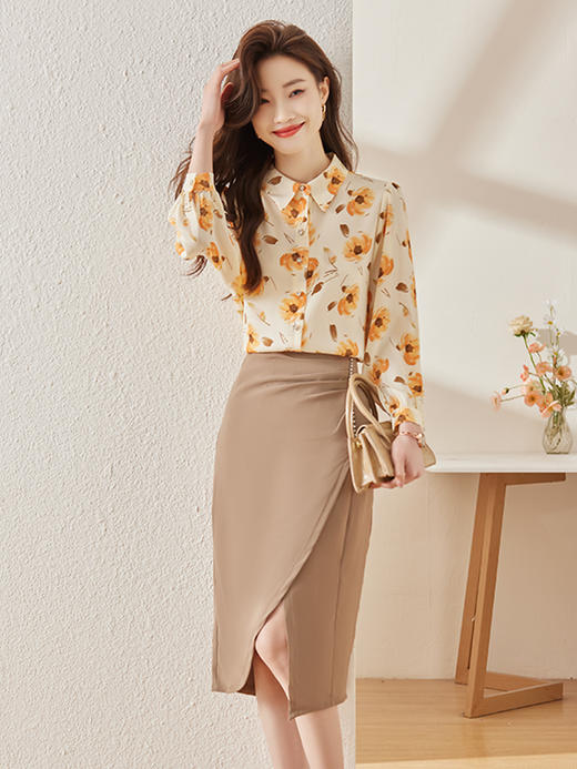 春夏印花设计衬衫简约A型半身裙职场气质两件套装女 商品图0