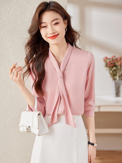 长袖飘带领结职业衬衫高腰A字半身裙子两件套装 商品图2