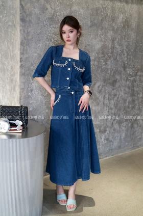 【门店同款】2023年夏季钉钻方领百褶牛仔套装 150603851