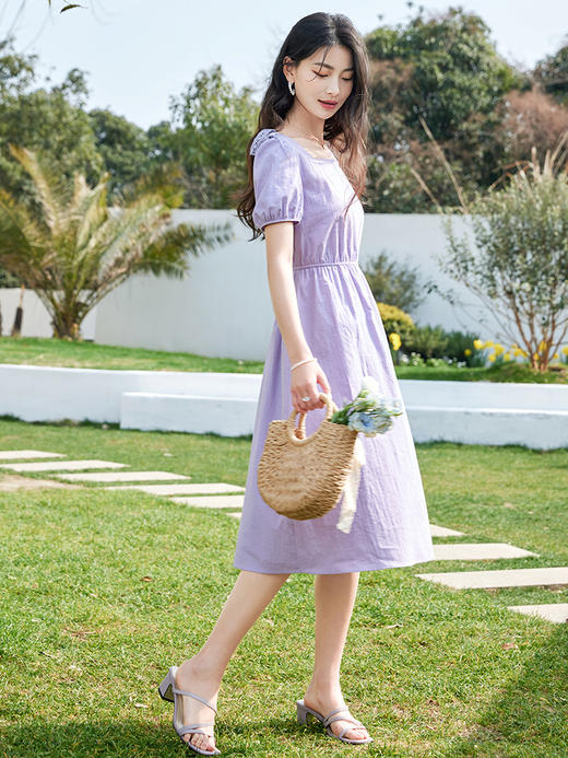 【五折购】熙世界多巴胺甜美风紫色初恋连衣裙子女短袖方领裙子2025夏季新款 商品图3