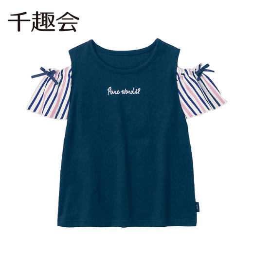 千趣会夏款儿童女童袖子撞色拼接蝴蝶结装饰棉质短袖T恤 商品图4