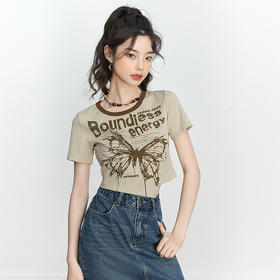 西遇正肩短袖T恤女新款字母印花修身显瘦辣妹短款上衣V0051016