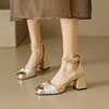 软皮珍珠圆头粗跟高跟鞋，中空一字扣带凉鞋FD8170 商品缩略图3