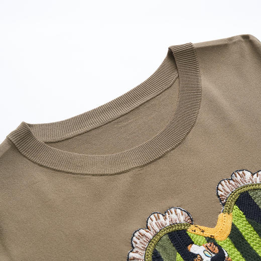 谜底宽松短款针织衫女23夏款学院风绣花圆领套头衫短袖232MZ0863 商品图3