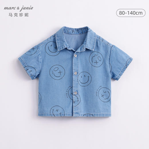 马克珍妮夏装新款 男童笑脸涂鸦纯棉牛仔短袖衬衫230898 商品图0