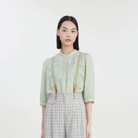 谜底绣花衬衫分袖女2023夏新款时尚通勤小立领宽松衬衣232MC0669