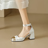 软皮珍珠圆头粗跟高跟鞋，中空一字扣带凉鞋FD8170 商品缩略图0