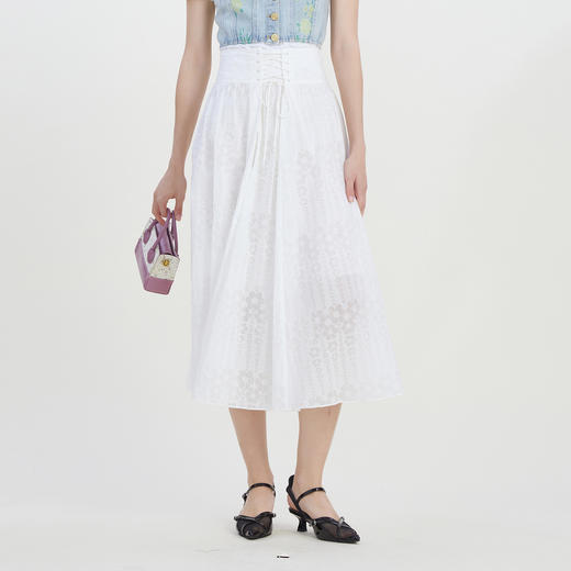 谜底系带半身裙2023夏季新款浪漫提花A型长裙纯棉舒适女232MB0529 商品图0