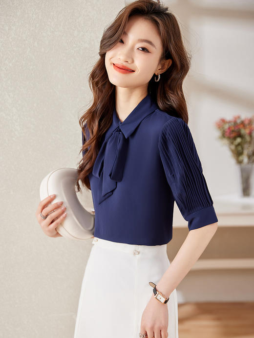 五分袖飘带领结职业衬衫高腰A字半身裙子 商品图6