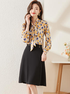新款春夏印花衬衫时尚a字半身裙长裤职场两件套装女