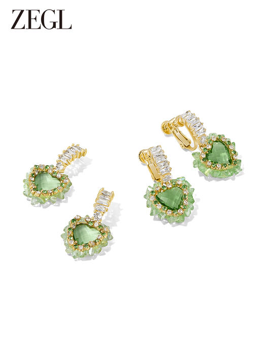 ZEGL绿色爱心耳环女小众设计感高级耳钉耳夹无耳洞925银针耳饰品 商品图1