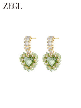 ZEGL绿色爱心耳环女小众设计感高级耳钉耳夹无耳洞925银针耳饰品