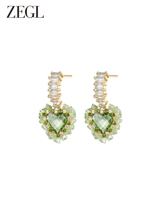 ZEGL绿色爱心耳环女小众设计感高级耳钉耳夹无耳洞925银针耳饰品 商品图0