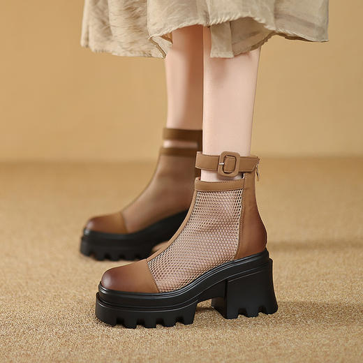 夏季新款，真皮网纱拼接圆头厚底短靴ZM-2717 商品图8