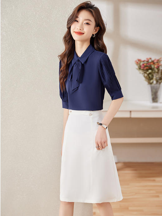 五分袖飘带领结职业衬衫高腰A字半身裙子 商品图7