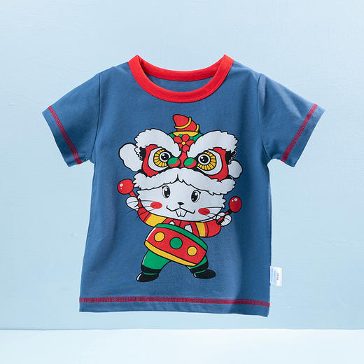 贝贝怡童装夏季醒狮中国风儿童短袖T恤纯棉小兔子女童上衣舞狮宝宝半袖 商品图6