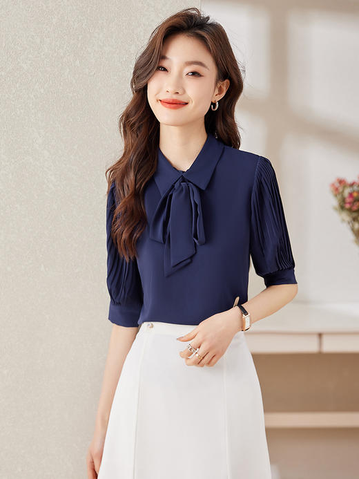 五分袖飘带领结职业衬衫高腰A字半身裙子 商品图3