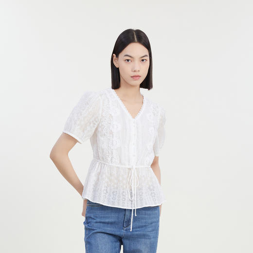 谜底V领提花上衣女2023夏款文艺风收腰系带纯棉衬衫小衫232MS0609 商品图1