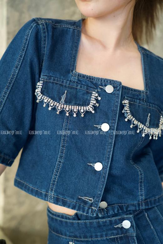 【门店同款】2023年夏季钉钻方领百褶牛仔套装 150603851 商品图3