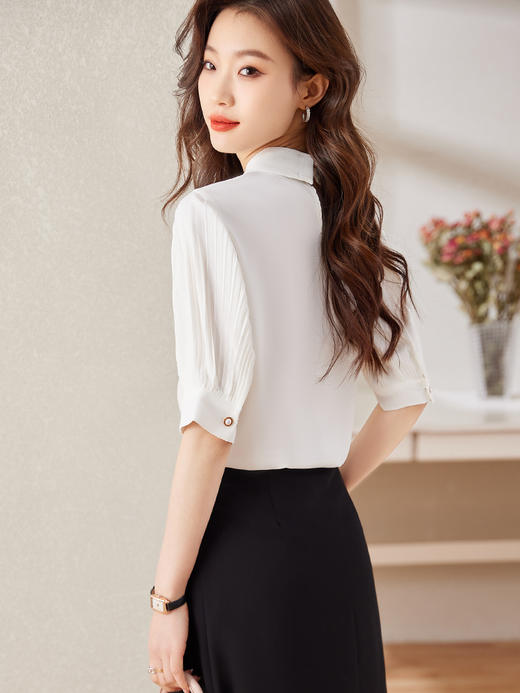 五分袖飘带领结职业衬衫高腰A字半身裙子 商品图5