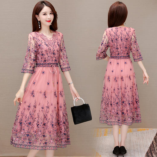 夏季新款，重工刺锈裙中长款女装A字裙中袖网纱连衣裙QYM-LRX-GM803-Y 商品图2