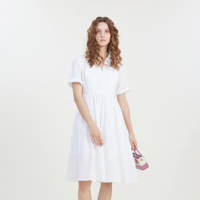 谜底白色连衣裙短袖2023夏新款通勤风翻领简约纯色长裙232ML0677