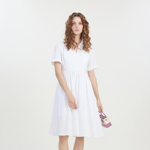 谜底白色连衣裙短袖2023夏新款通勤风翻领简约纯色长裙232ML0677 商品图0