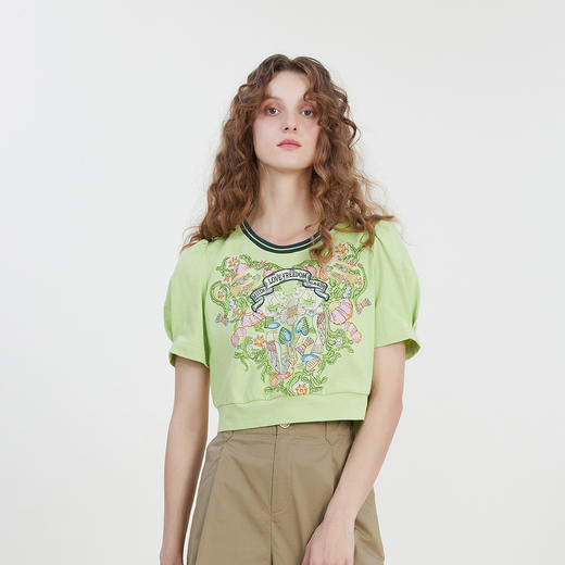 谜底圆领短款T恤女2023夏款复古特色印花泡泡袖短袖上衣232MT0616 商品图0