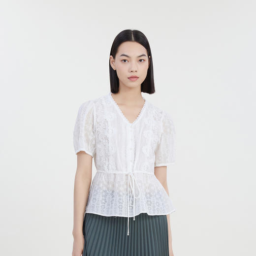 谜底V领提花上衣女2023夏款文艺风收腰系带纯棉衬衫小衫232MS0609 商品图0