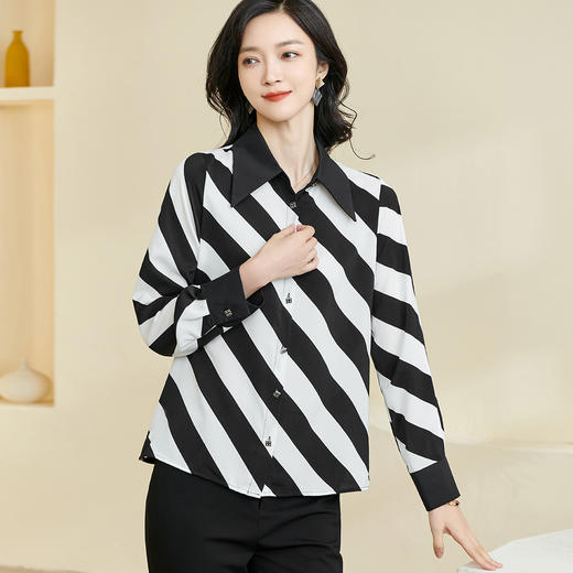 剩S/M/L 米思阳2026春季新款时尚斜条纹垂感长袖衬衣宽松百搭女式衬衫0591 商品图0