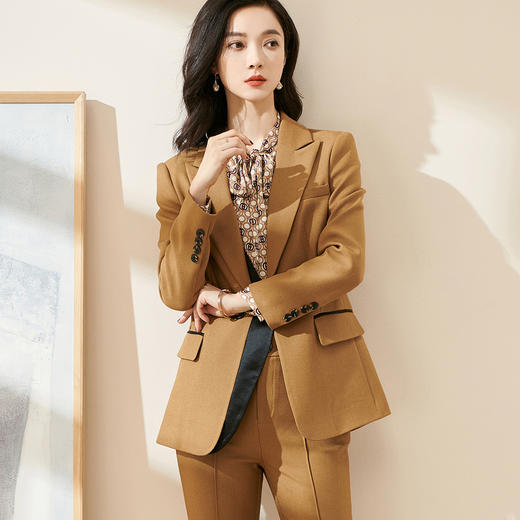 米思阳2026春季新款时尚通勤OL纯色西装拼接醋酸双排扣外套女0258 商品图0