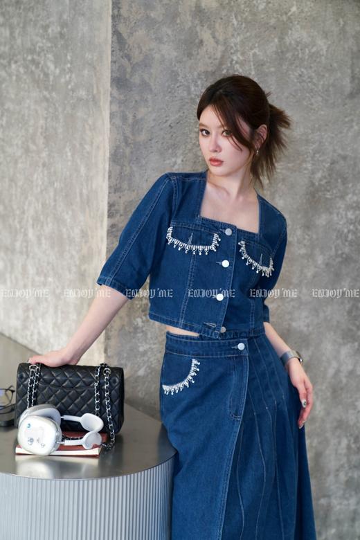 【门店同款】2023年夏季钉钻方领百褶牛仔套装 150603851 商品图1