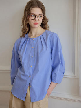 SimpleRetro法式蓝色纯色衬衫压褶小圆领7分袖收腰绑带天丝棉衬衣