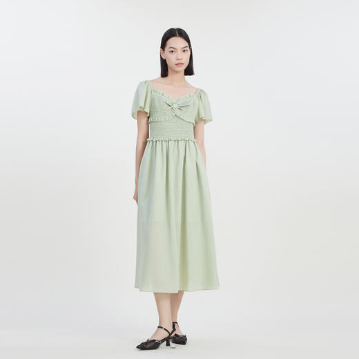 谜底方领连衣裙短袖女2023夏季新款简约文艺设计感长裙232ML0570 商品图0