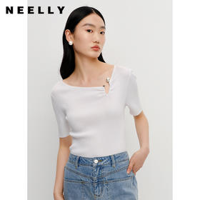 NEELLY纳俪商场同款针织衫女短袖夏季镂空别致设计感短款上衣修身N23042A01037