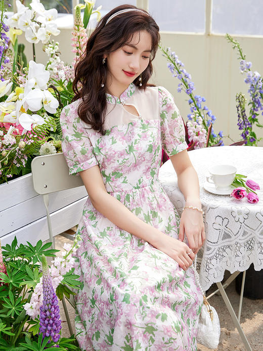 【专属特价】熙世界新中式国风改良旗袍连衣裙女夏季新款短袖复古碎花雪纺裙子 商品图0