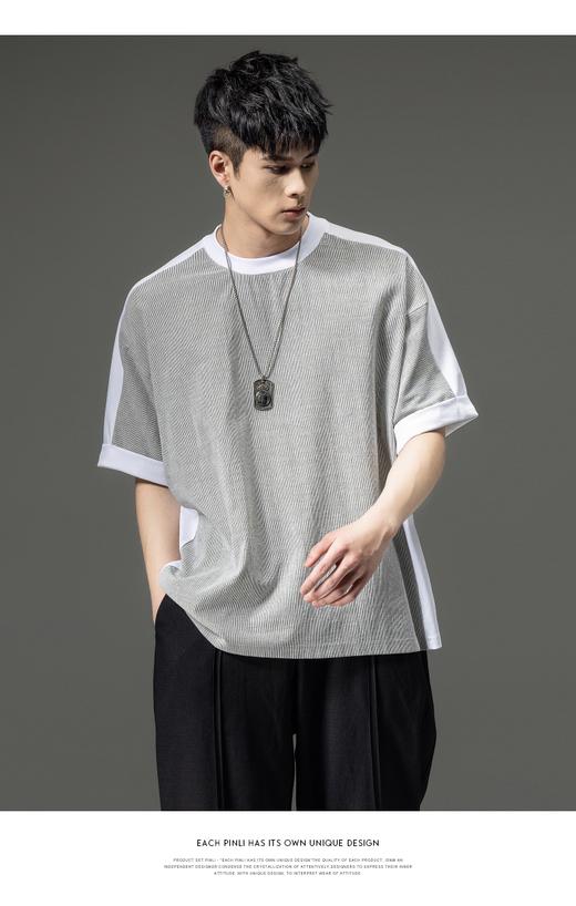 PINLI品立夏季新款宽松T恤拼接蝙蝠袖休闲男上衣拼料条纹体恤B232111039 商品图3
