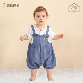 宝宝夏季短袖哈衣拼牛仔假两件背带裤婴儿连体爬服婴幼儿连体衣
