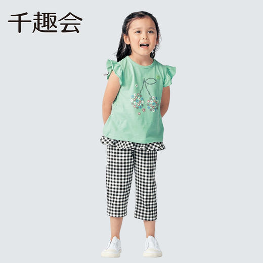 【裤子】千趣会童装夏款女童满印印花荷叶边装饰弹力七分裤打底裤1229028 商品图1