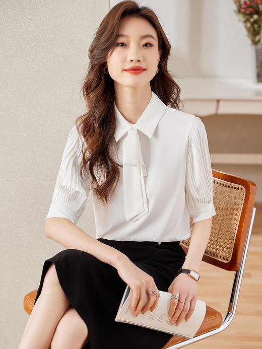 五分袖飘带领结职业衬衫高腰A字半身裙子 商品图4